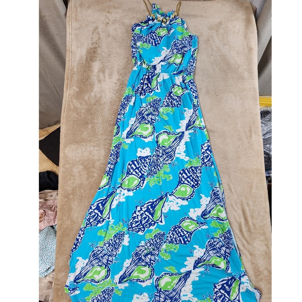 Lily Pulitzer Maxi Dress woman small blue Conch Shell Print rayon Sleeveless EUC